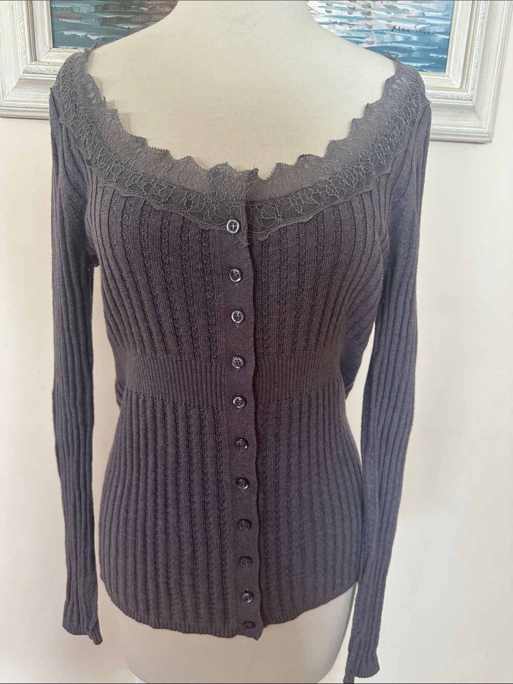 Moda International Lace-Trim Ribbed Button-Front Sweater - Charcoal Gray